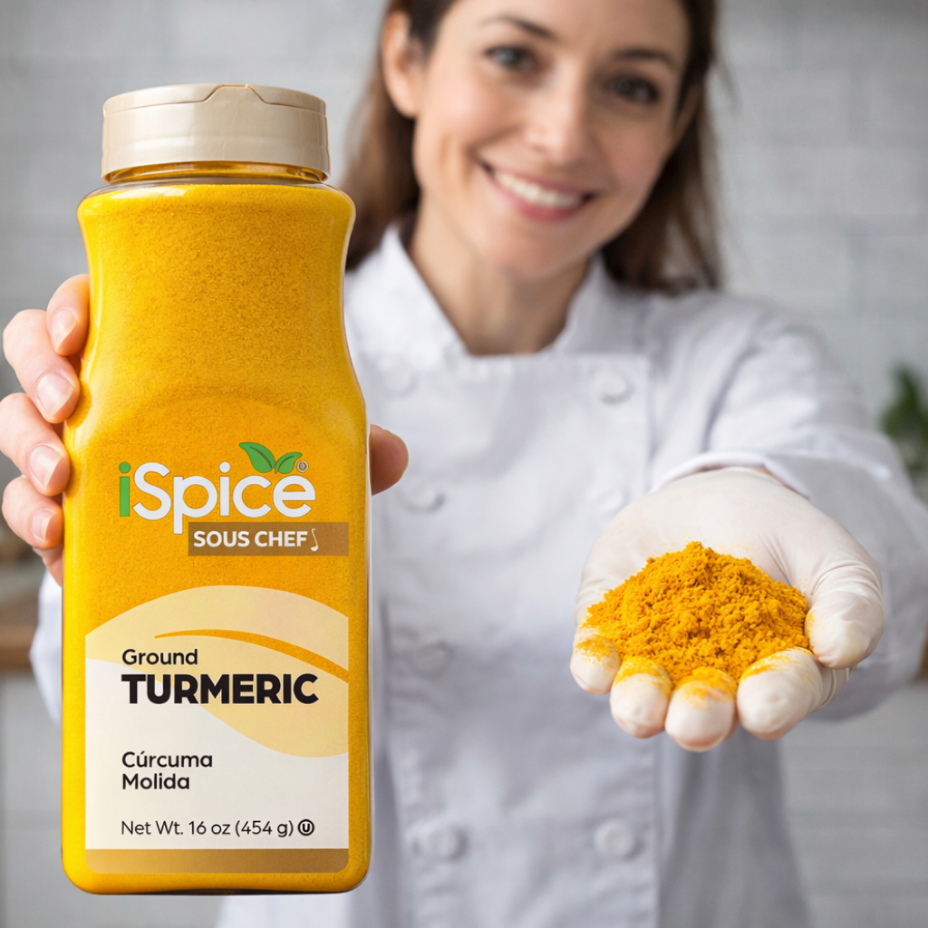 Person holding a bottle of iSpice Ground Turmeric with turmeric powder in hand.