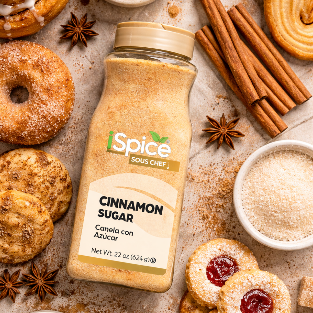 iSpice Cinnamon Sugar packaging with cookies and spices on a rustic background