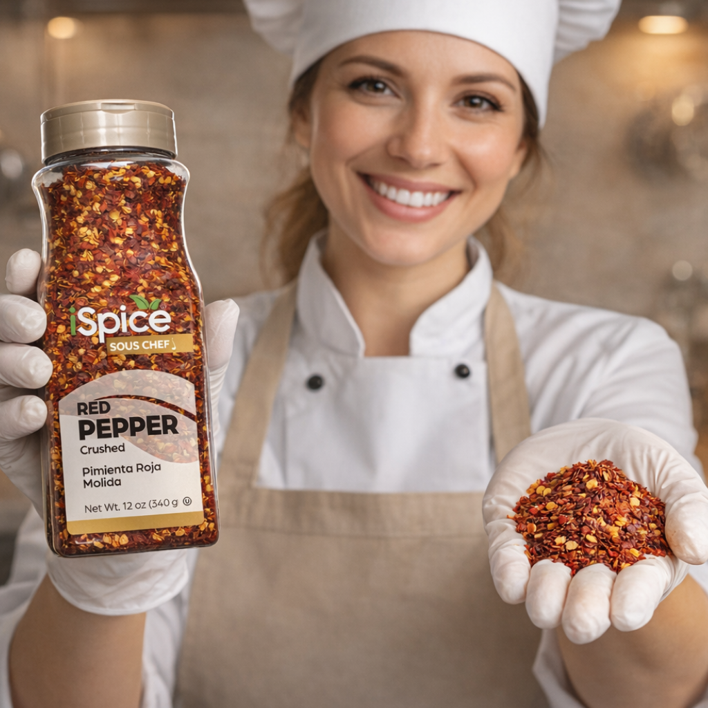 Person holding a bottle and a container of red pepper flakes with 'iSpice' branding.