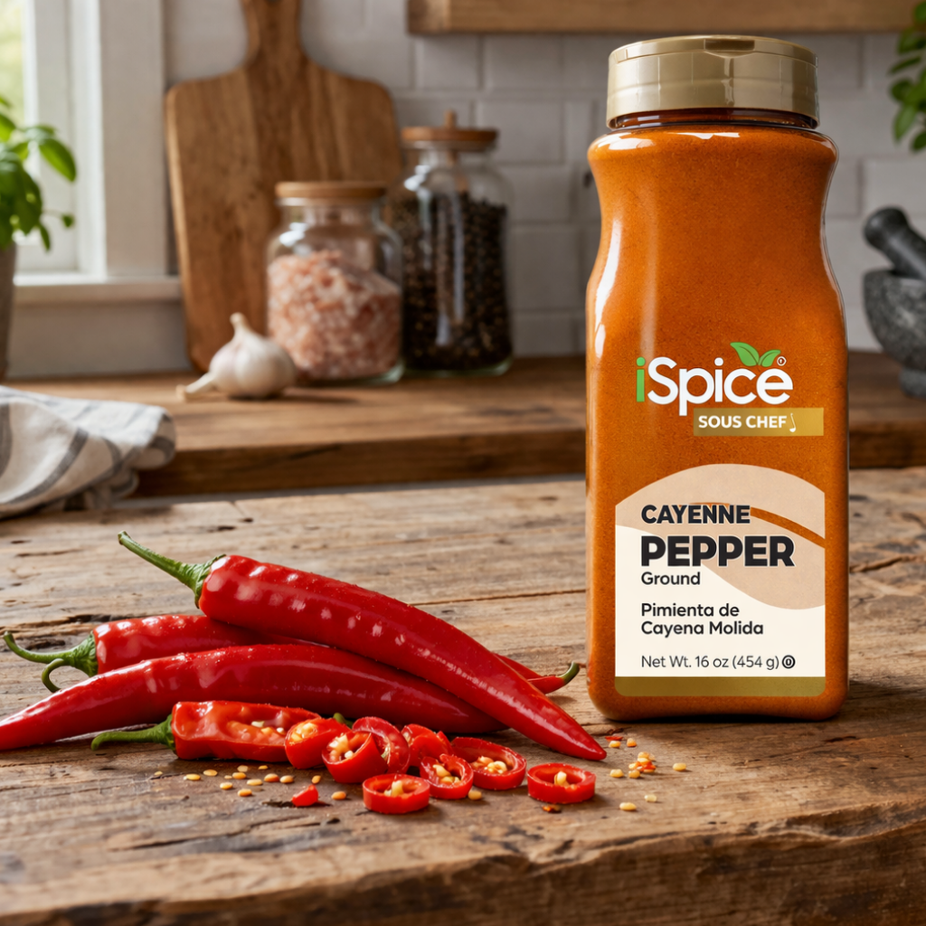 Spice Sous Chef cayenne pepper bottle on a wooden surface with red peppers