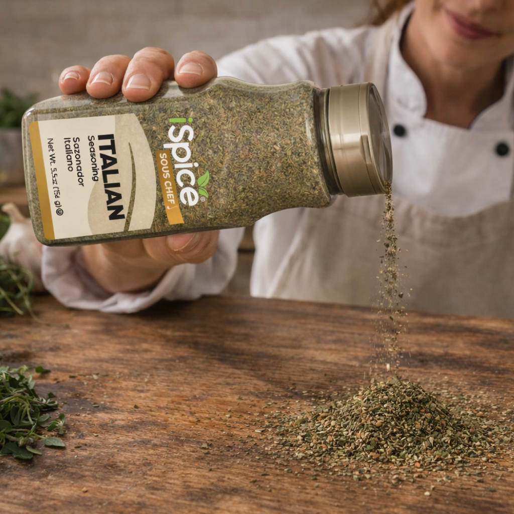 Person pouring Italian seasoning from a spice container on a wooden surface