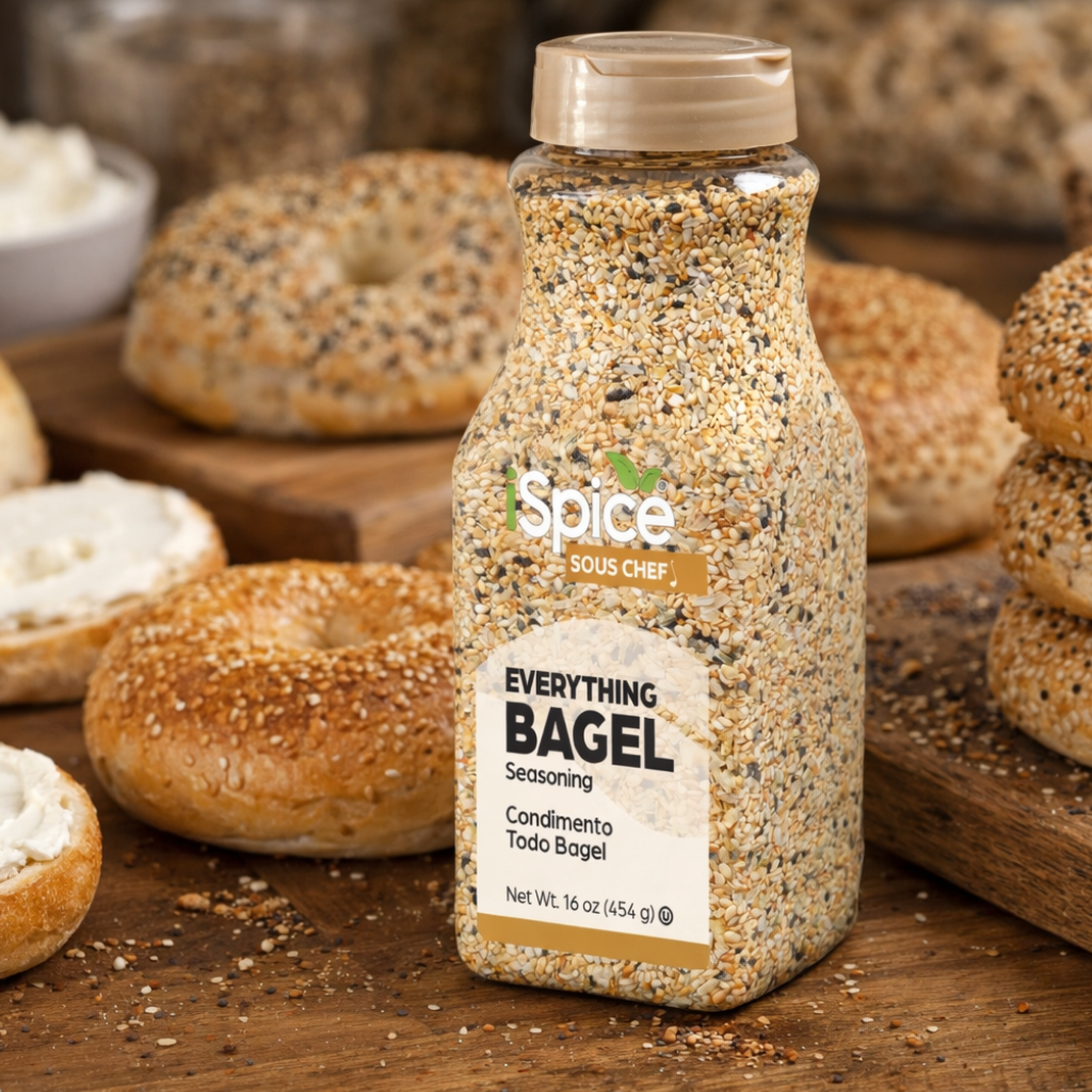 Bottle of Everything Bagel seasoning with bagels in the background
