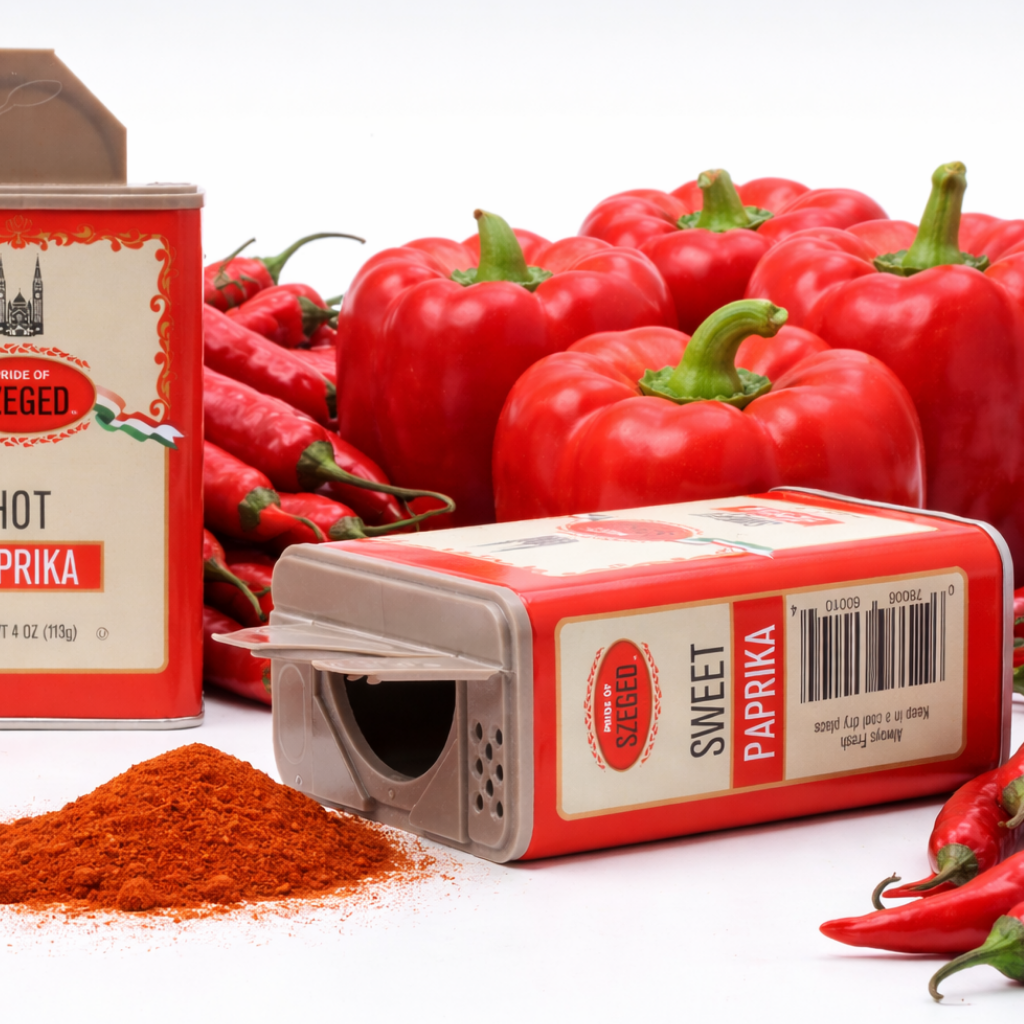 Two containers of Sweet Paprika with red peppers and paprika powder on a white background