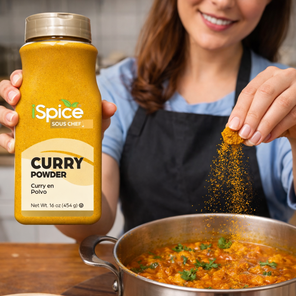 Person seasoning food with Curry Powder from Spice Sous Chef