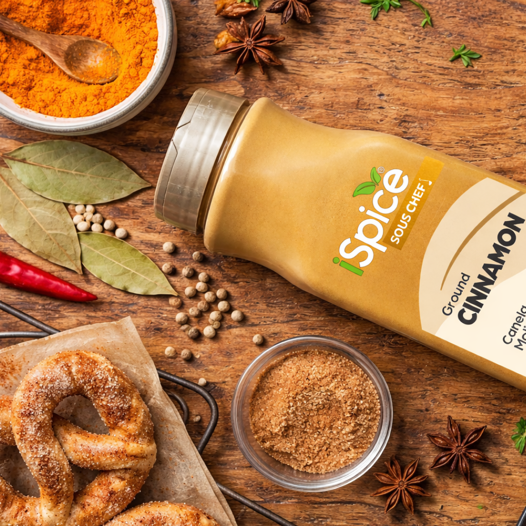 Spice bottle labeled 'Sous Chef' with cinnamon on a wooden surface with spices and a pretzel.
