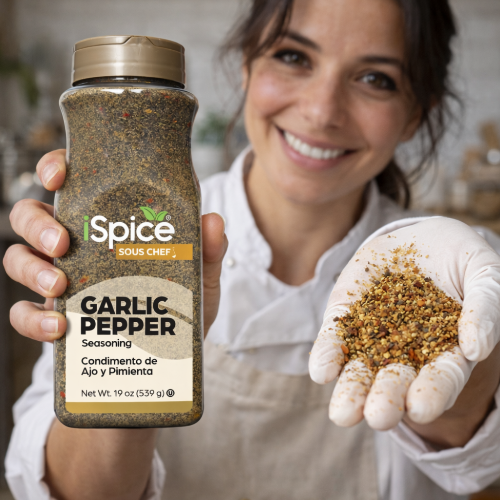 Woman holding a jar of 'iSpice Sous Chef Garlic Pepper' seasoning