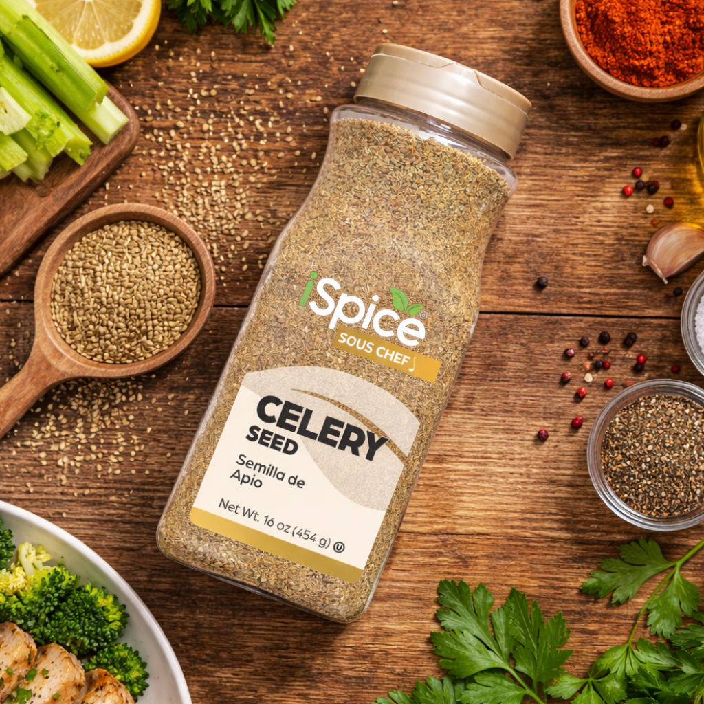 Bottle of celery seed spice on a wooden surface with herbs and spices.