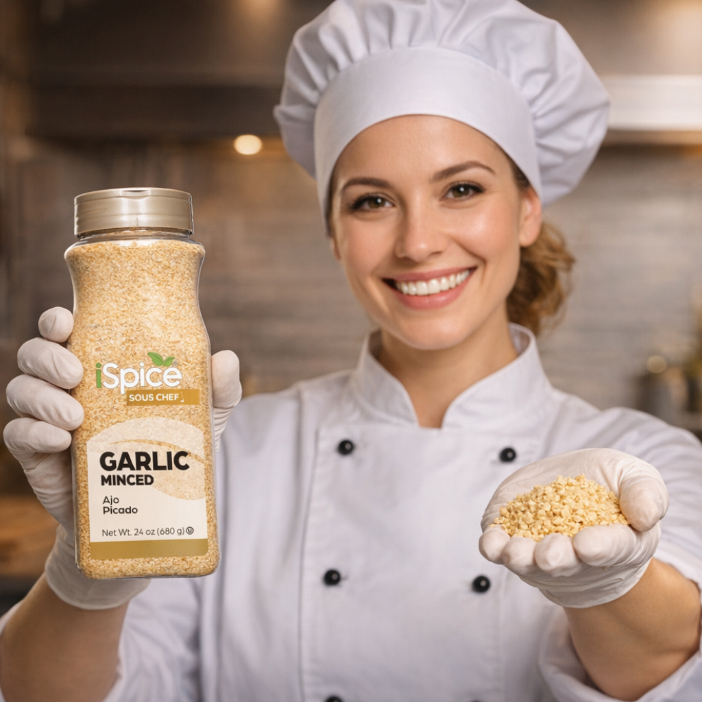 Person in a chef's outfit holding a jar of minced garlic and some garlic in their hand.