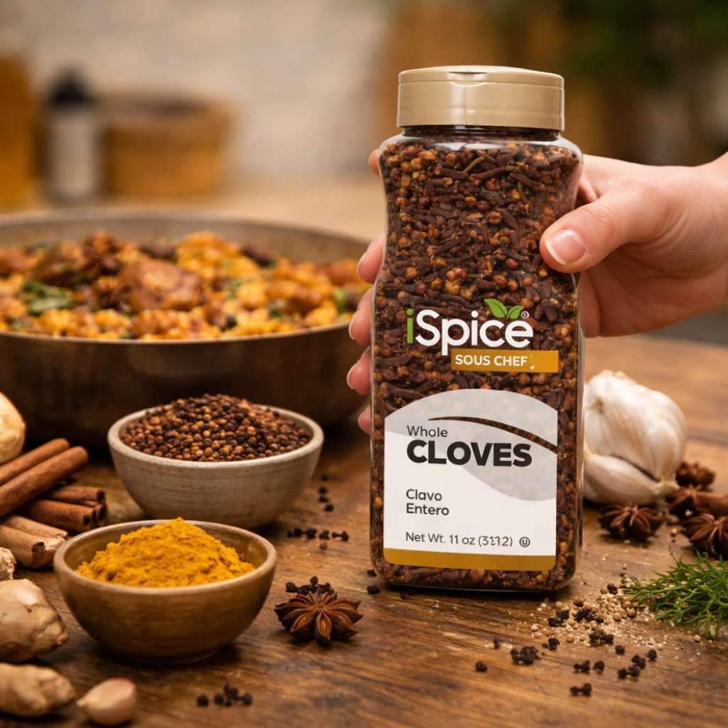 Spice bottle labeled 'Whole Cloves' held over a wooden surface with spices and food ingredients.