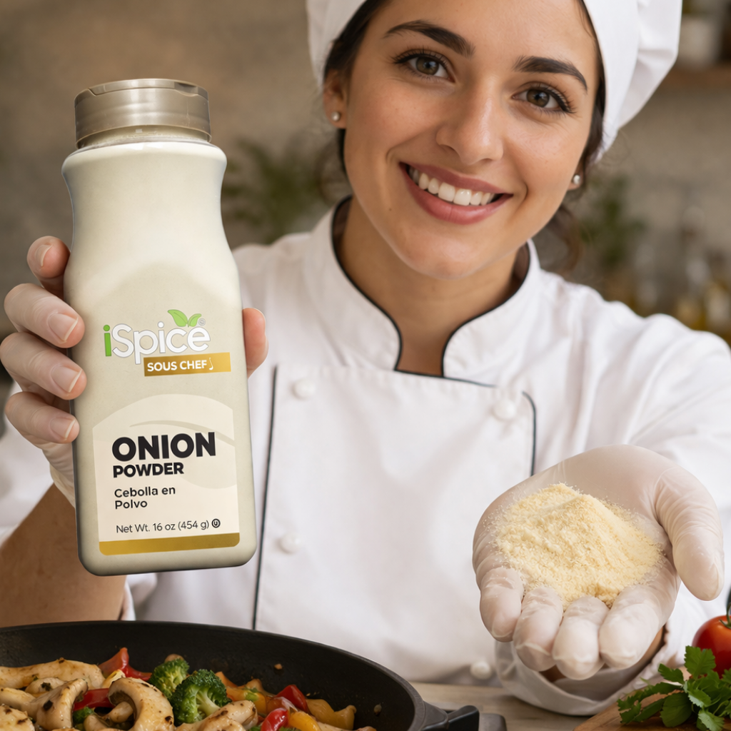 Person in a chef's outfit holding a bottle of onion powder and a small amount in gloved hands.