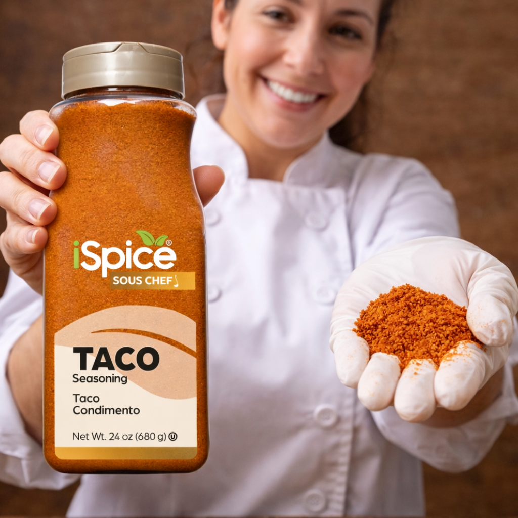 Top view of taco seasoning bottle lying on table with tacos and colorful ingredients