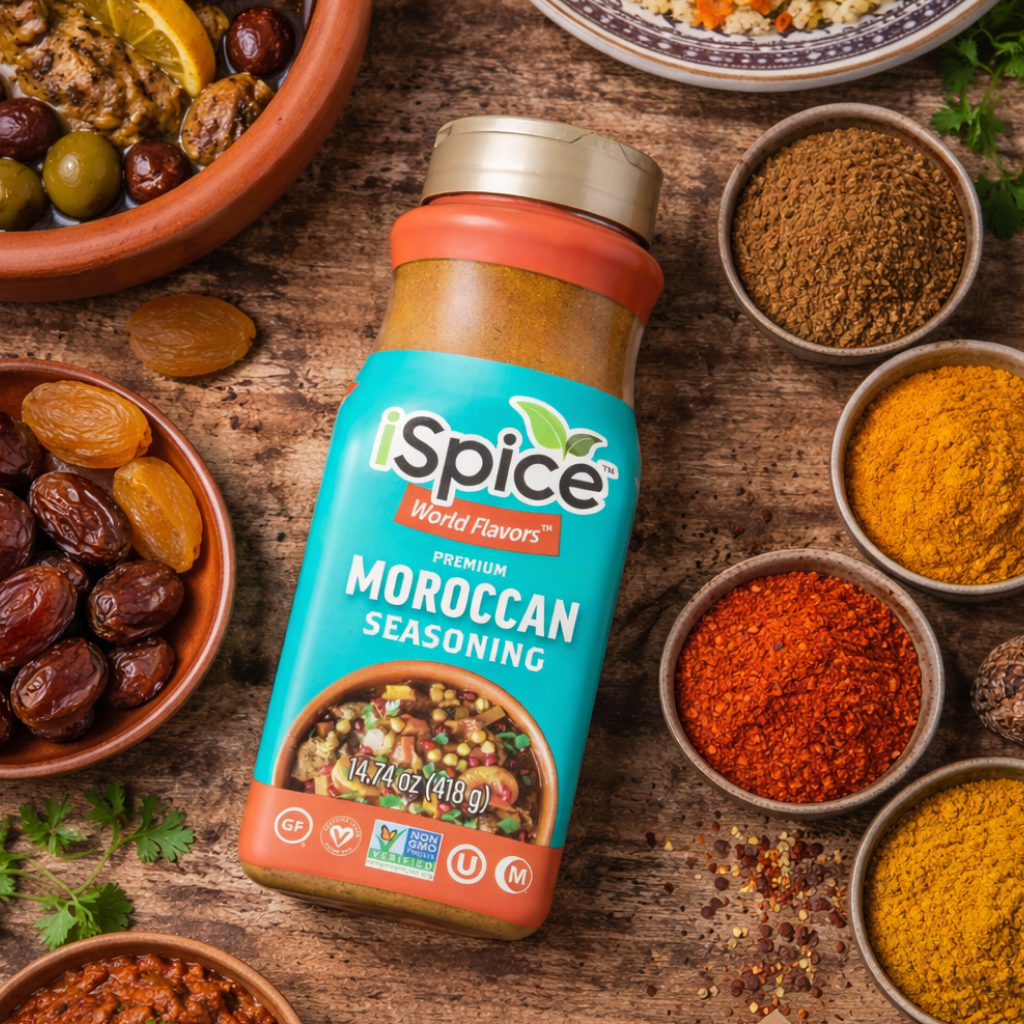 iSpice Moroccan seasoning 14.74 oz mixed spice blend bottle lifestyle kitchen scene
