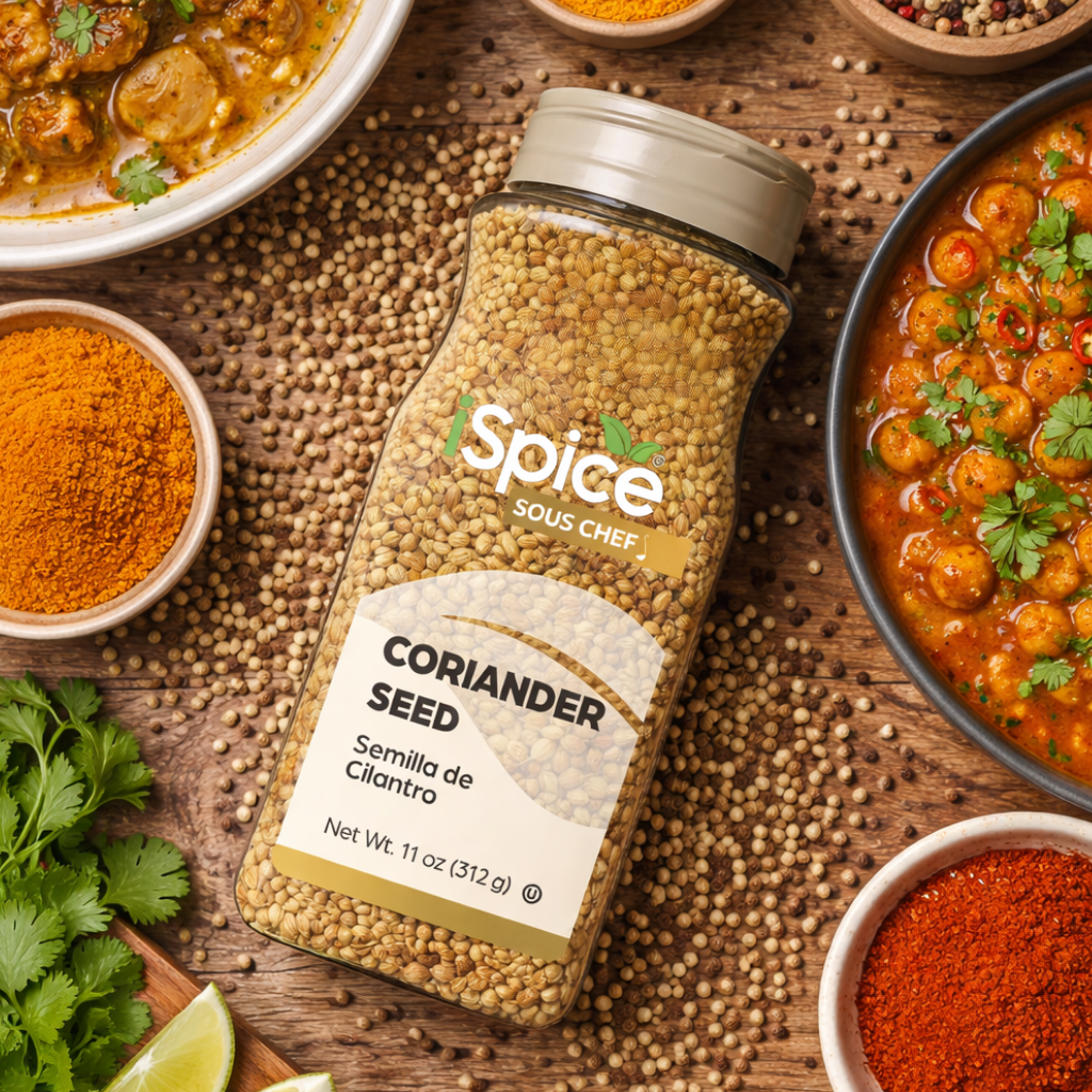Spice bottle labeled 'Sous Chef' with coriander seeds on a wooden surface with spices and dishes.