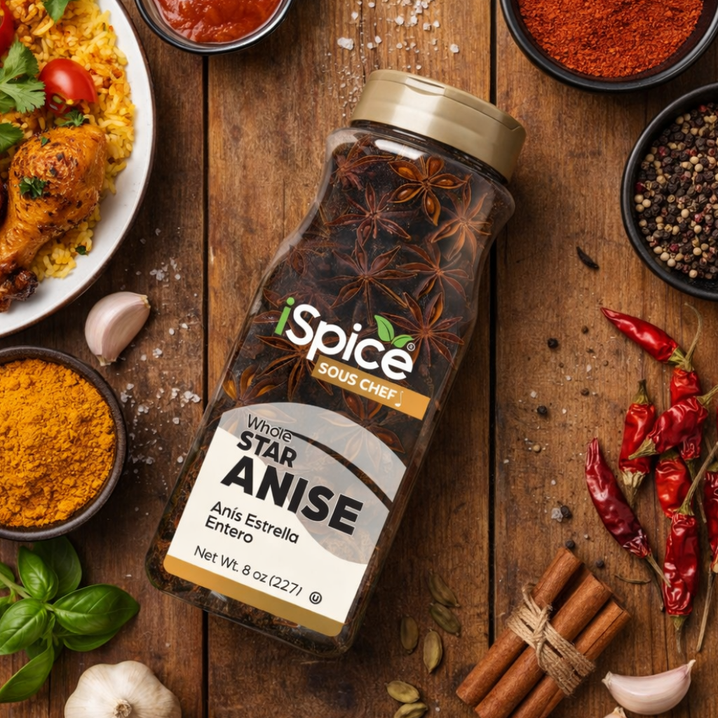 iSpice Star Anise bottle on a wooden surface with spices and food ingredients.