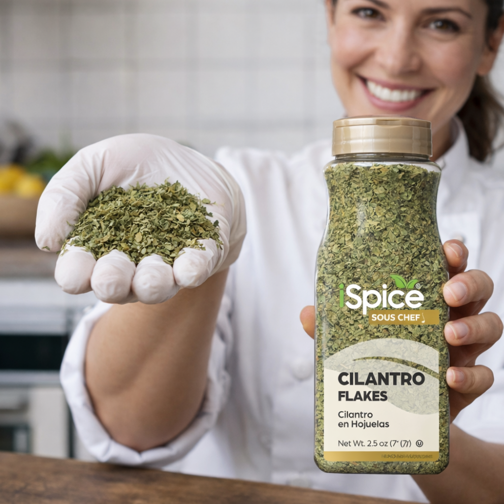 Person holding a jar of Spice® Cilantro Flakes and showing cilantro in their hand.