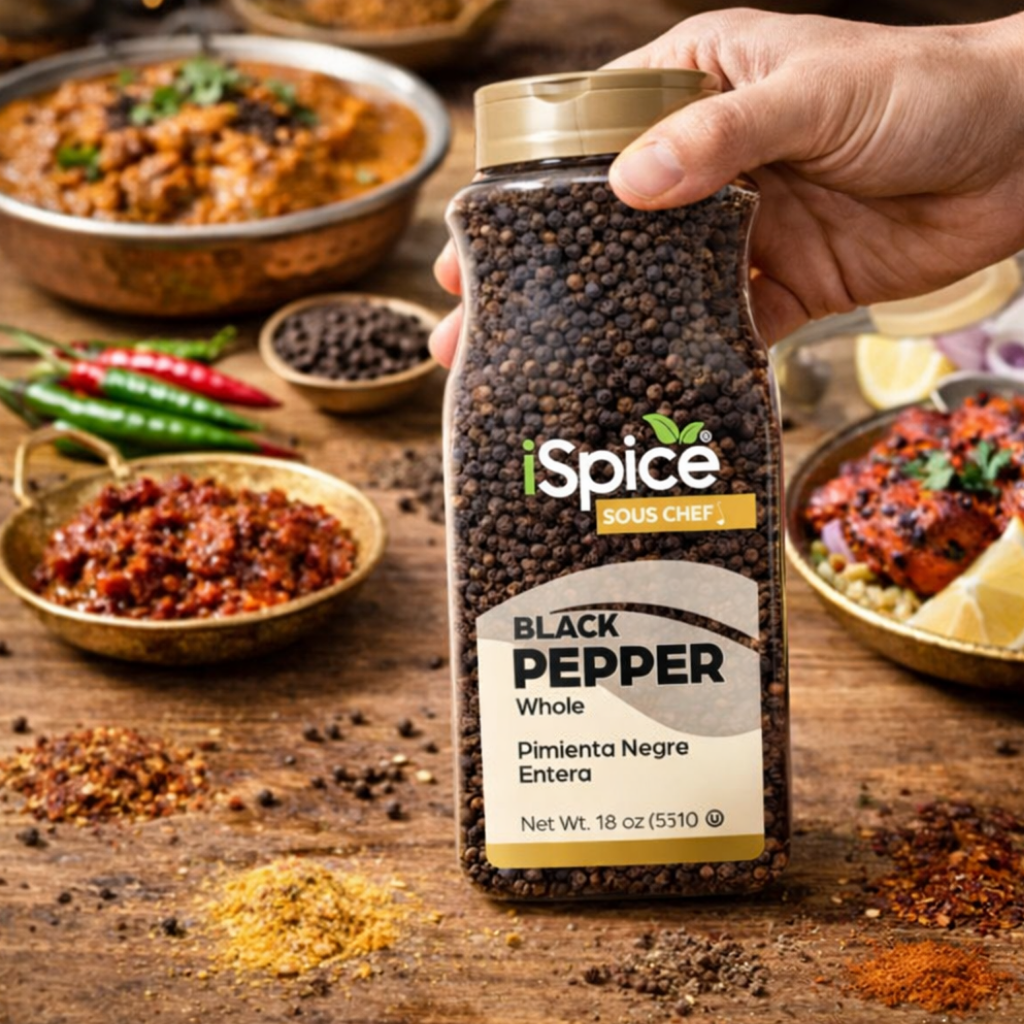Hand holding a jar of iSpice Black Pepper Whole with food in the background