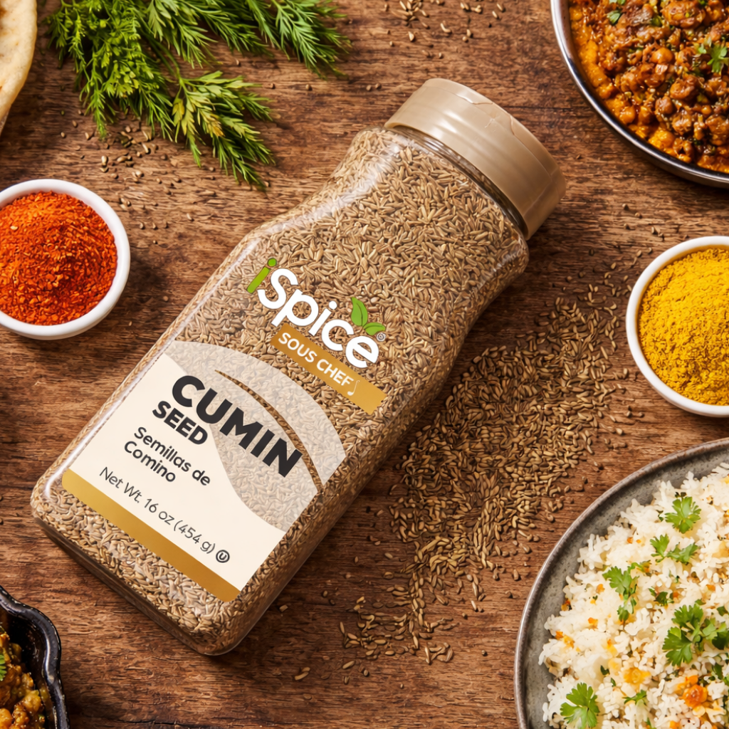 Spice bottle labeled 'Cumin' on a wooden surface with various dishes and herbs.