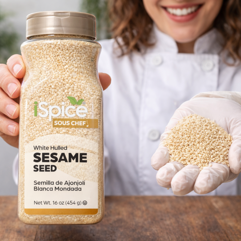 Person holding a jar of iSpice sesame seeds and a handful of seeds.