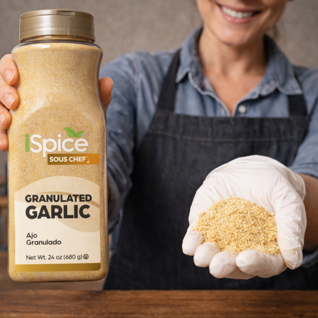 Person holding a jar of 'Spice Sous Chef' granulated garlic and showing some in their hand.