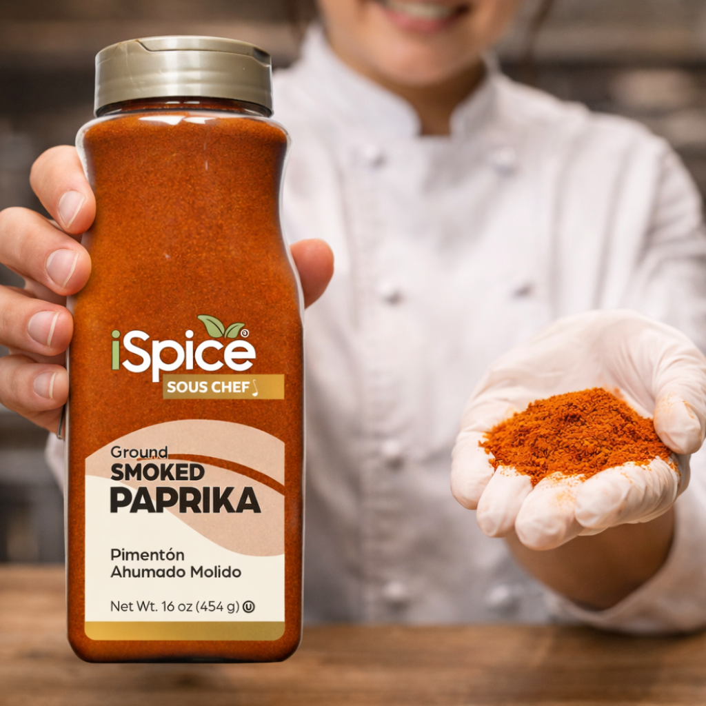 Person holding a jar of iSpice Smoked Paprika with a sprinkle of paprika in their hand.