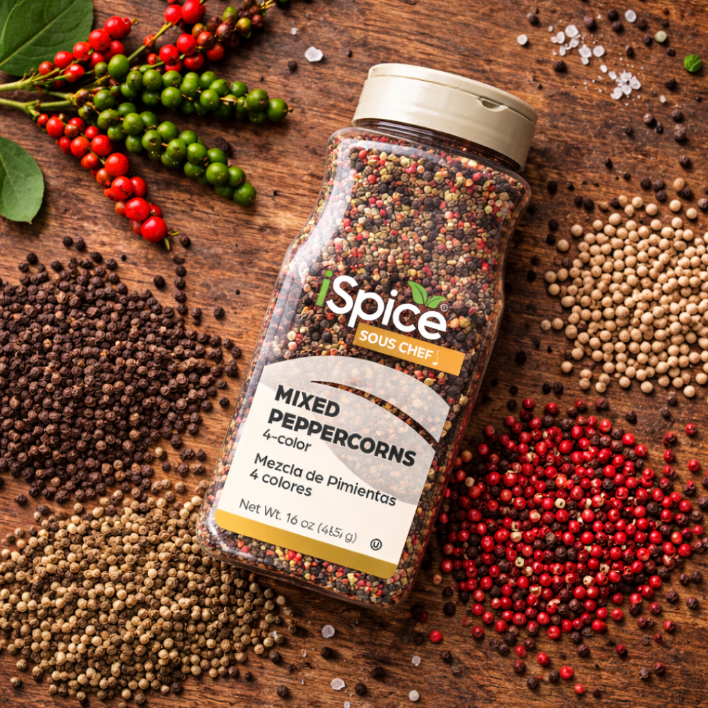 Spice bottle labeled 'Sous Chef' with mixed peppercorns on a wooden surface with various peppercorns.