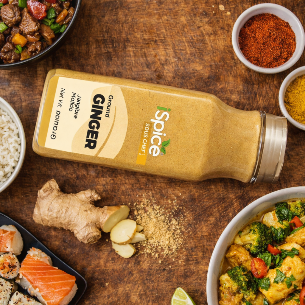 Spice bottle labeled 'Ground Ginger' on a wooden surface with food ingredients and dishes.