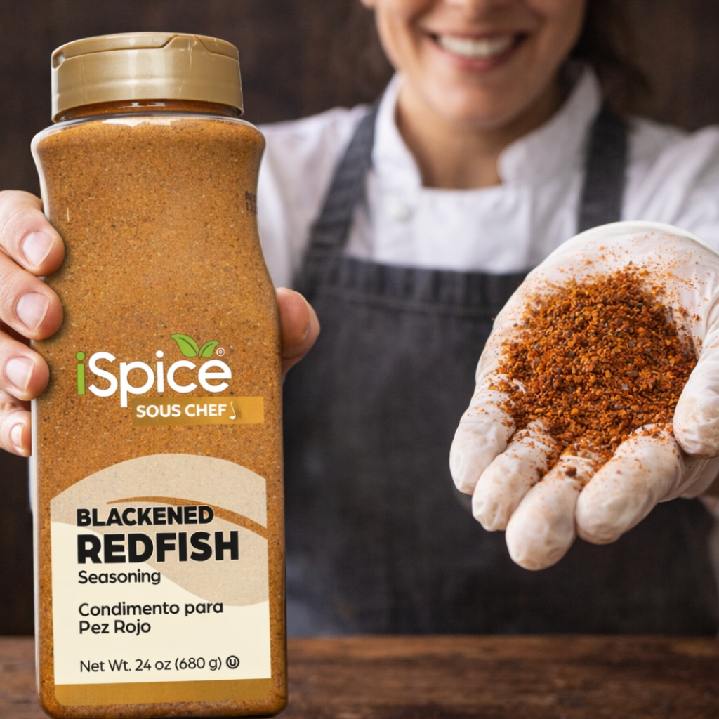 Person holding a jar of 'iSpice Sous Chef' Blackened Redfish seasoning with a blurred background