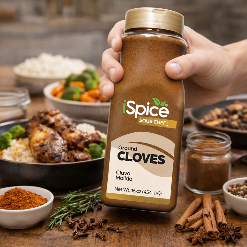 Hand holding a jar of 'iSpice Sous Chef' ground cloves with a background of cooked food and spices.
