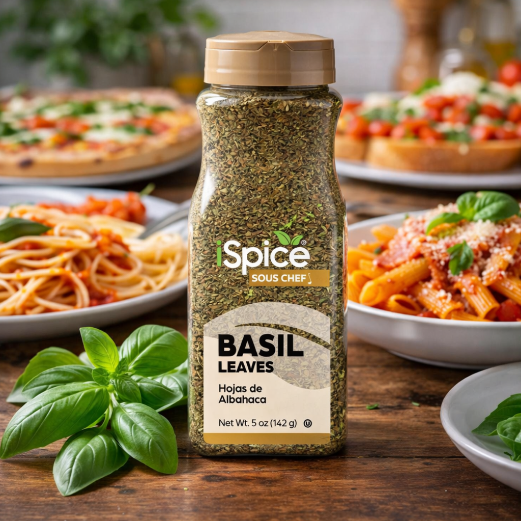 Bottle of Spice Sous Chef basil leaves with a background of pasta dishes.