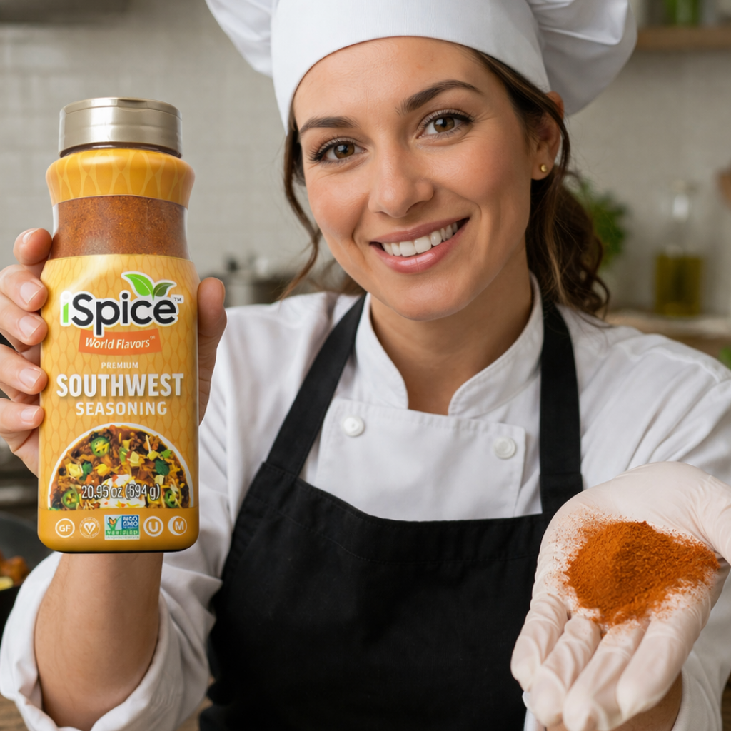 Woman in a chef's outfit holding a bottle of Southwest seasoning and a scoop of spice.