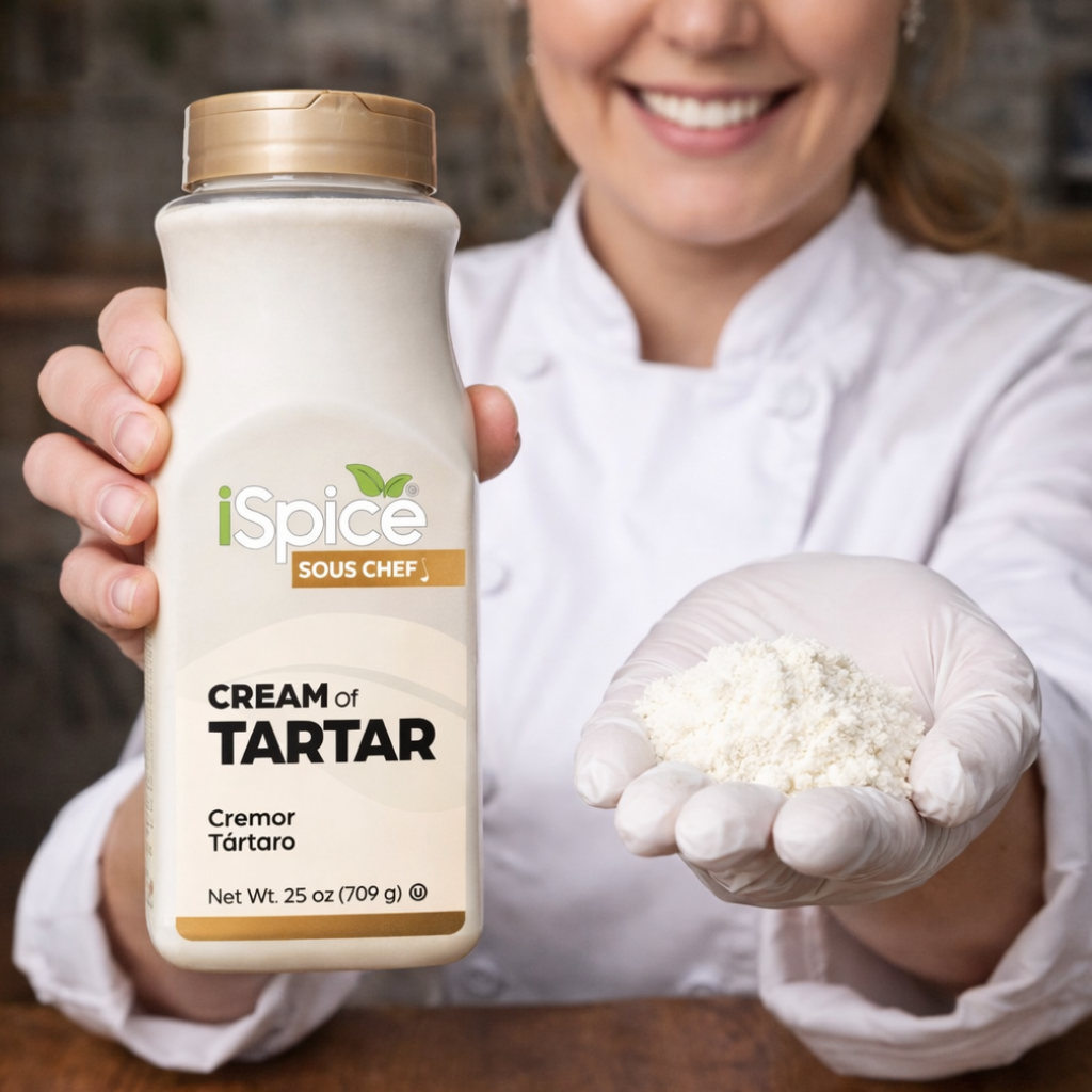 Person holding a bottle of 'iSpice Sous Chef' Cream of Tartar with a wooden background