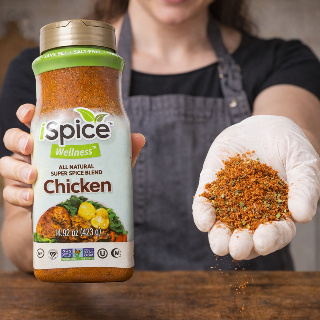 Person holding a bottle of 'iSpice Wellness' Chicken spice blend and showing some spice on their hand.