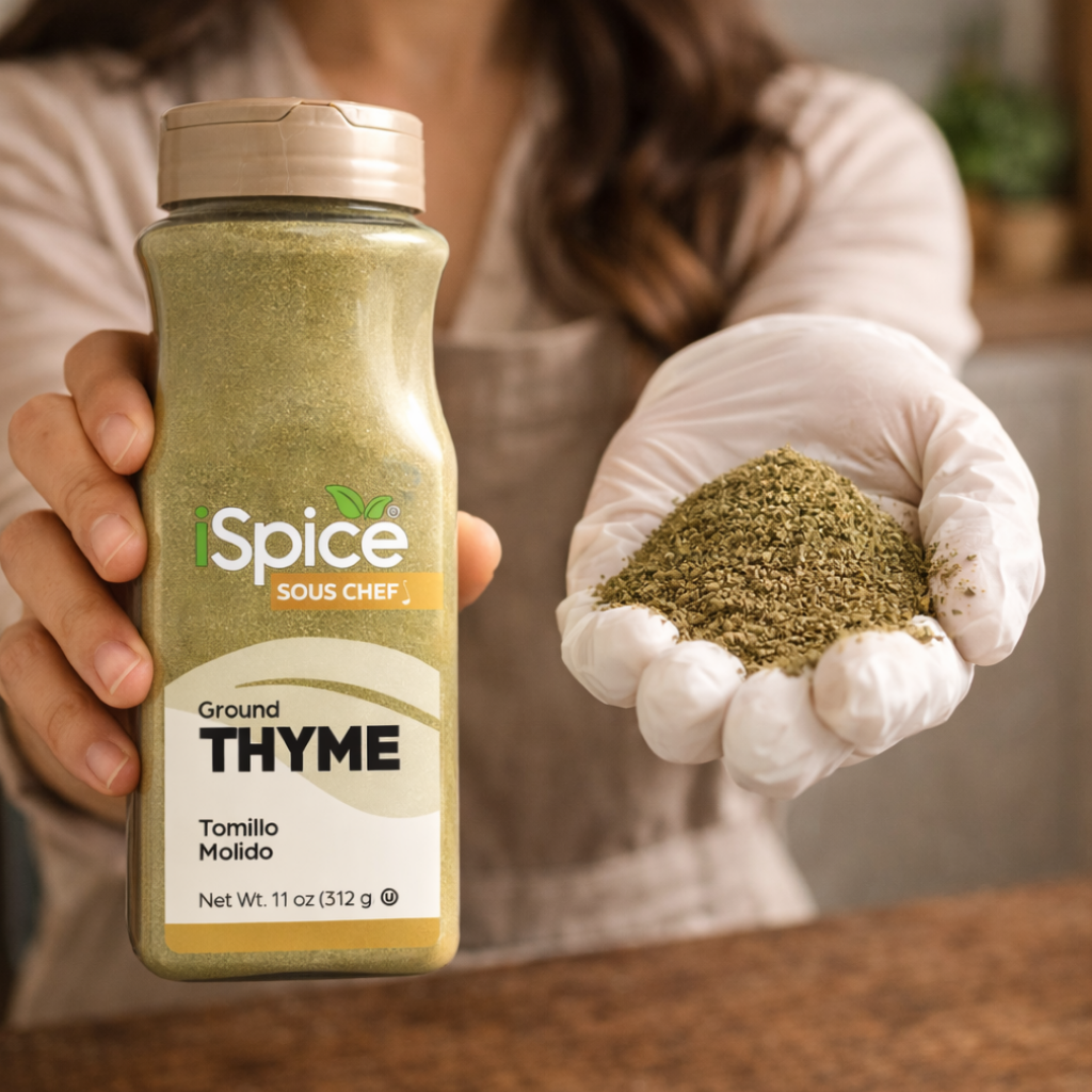 Person holding a jar of 'iSpice Sous Chef' ground thyme and showing some on their palm.