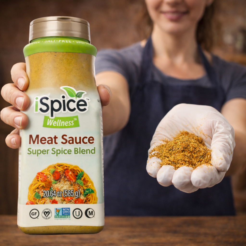 Person holding a jar of iSpice Wellness Meat Sauce Super Spice Blend and showing a scoop of spice.