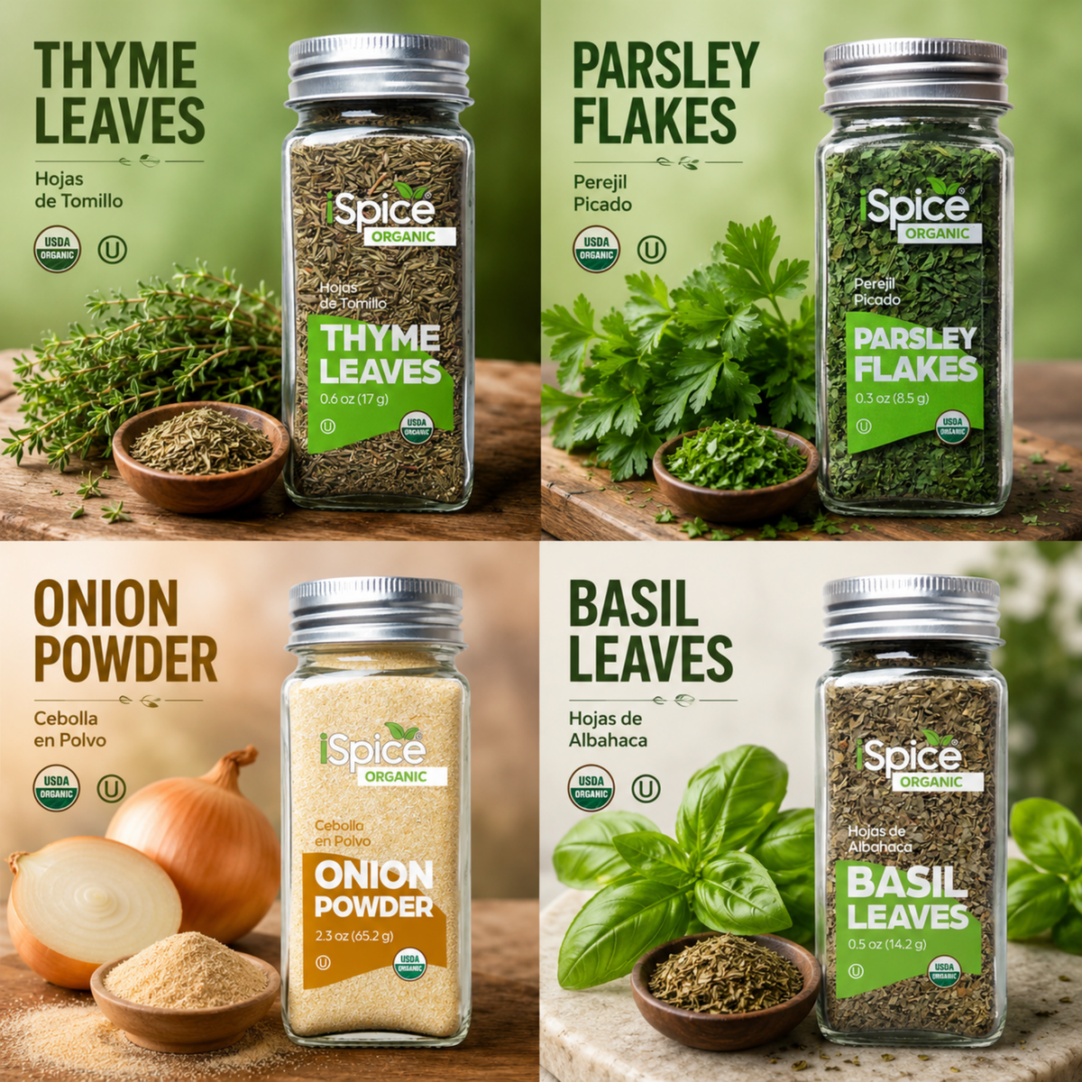 Four spice packages with labels for thyme leaves, parsley flakes, onion powder, and basil leaves on a wooden surface.