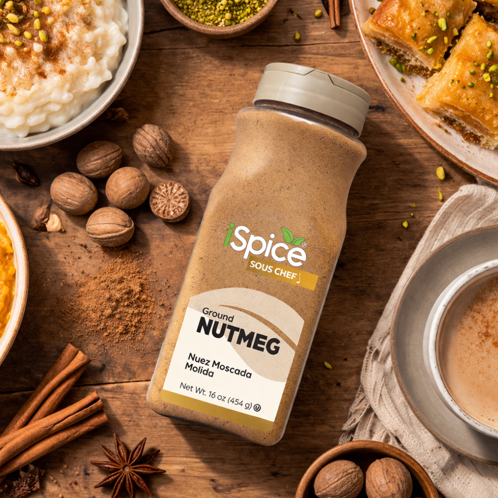 Spice Sous Chef nutmeg bottle on a wooden surface with spices and food items.