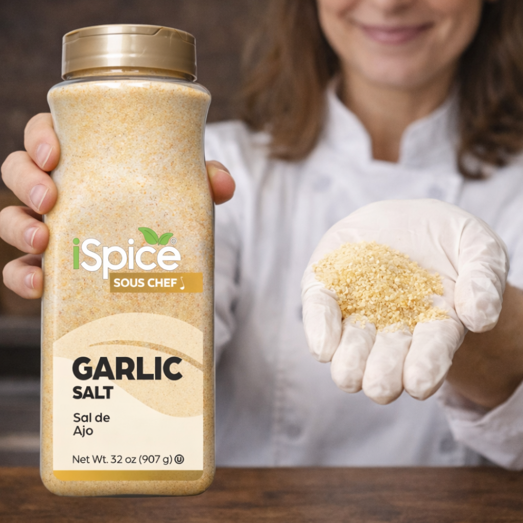 Person holding a jar of iSpice Garlic Salt and showing a scoop of it.