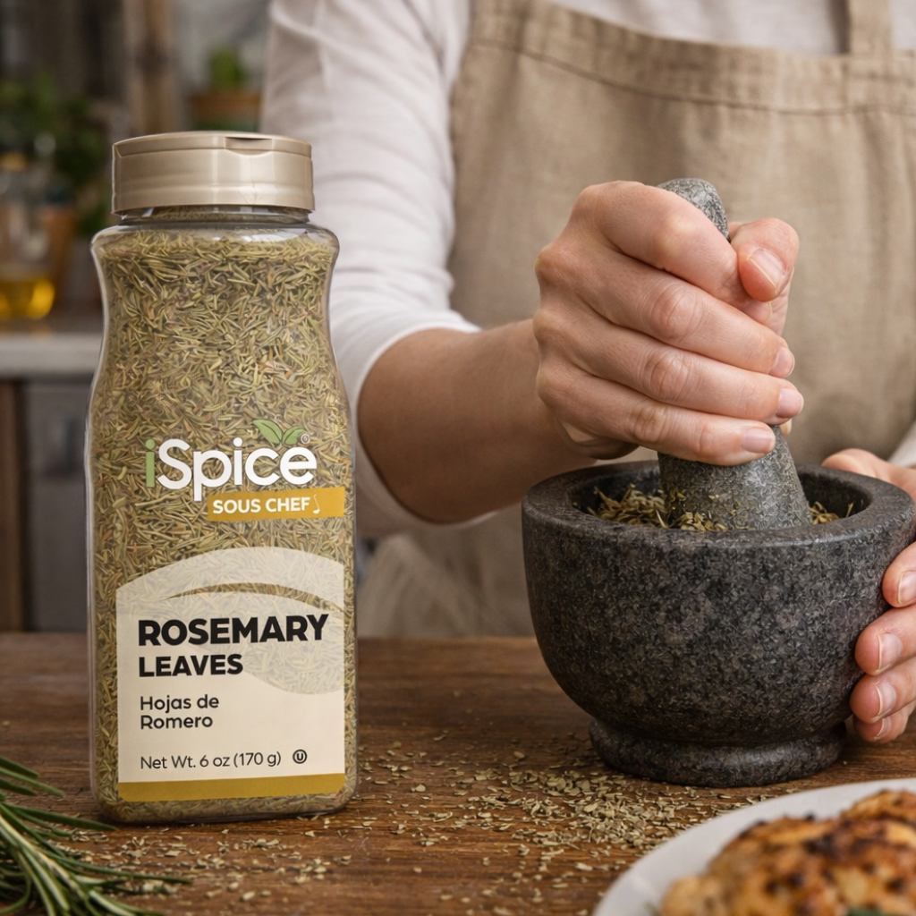 Person using a mortar and pestle with a bottle of iSpice rosemary leaves on a wooden surface.