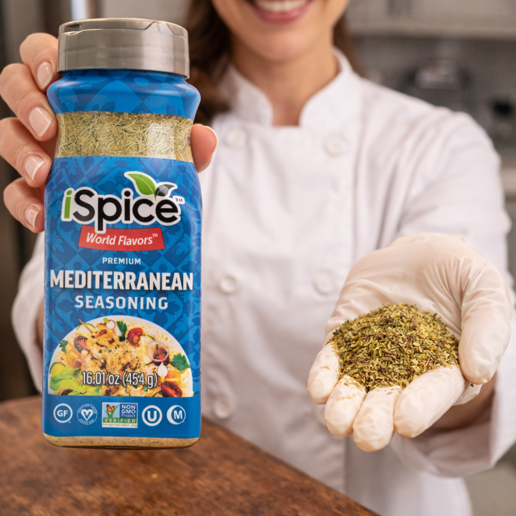 Person holding a jar of iSpice Mediterranean seasoning and some in their hand.