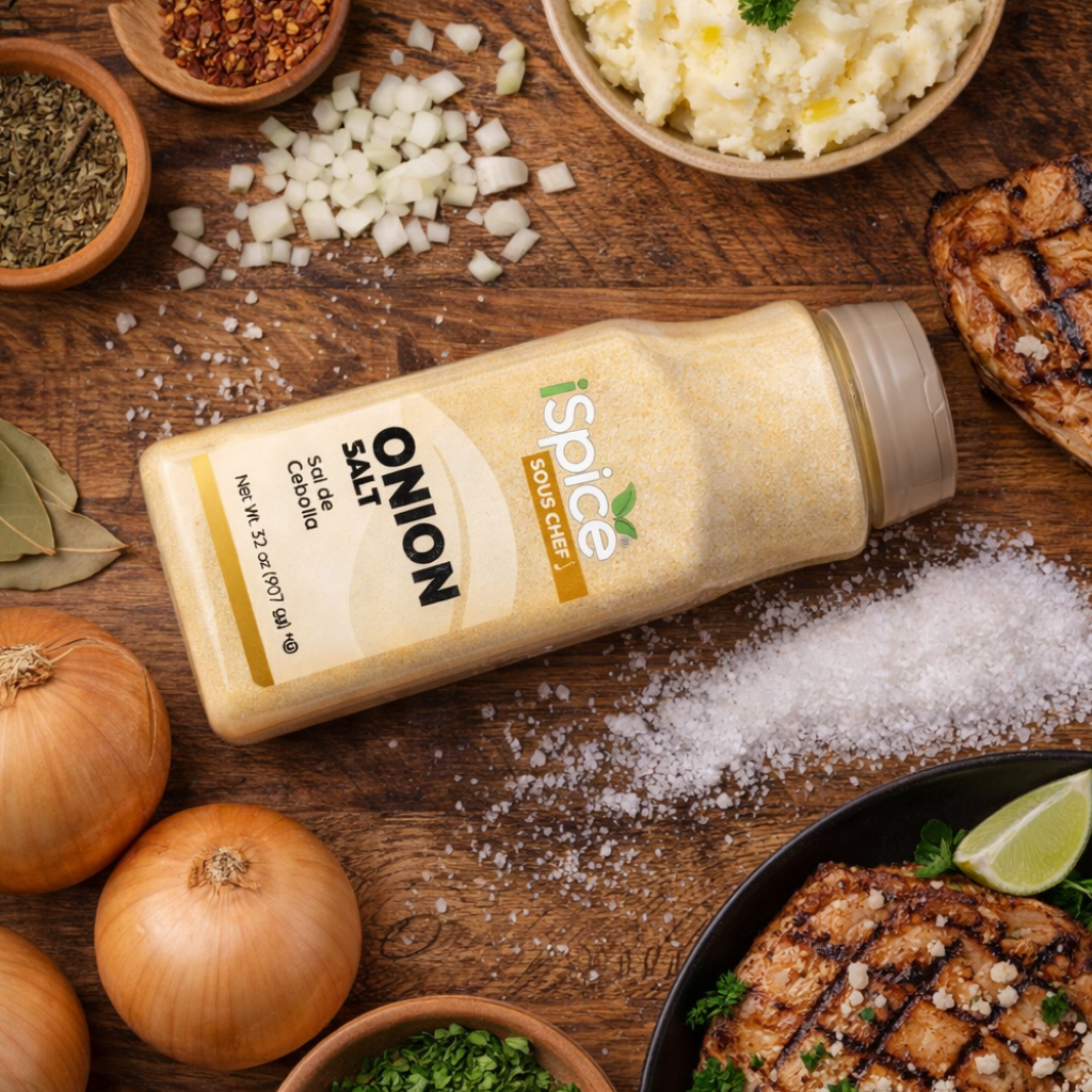 Spice bottle labeled 'Onion Salt' on a wooden surface with onions and other ingredients.