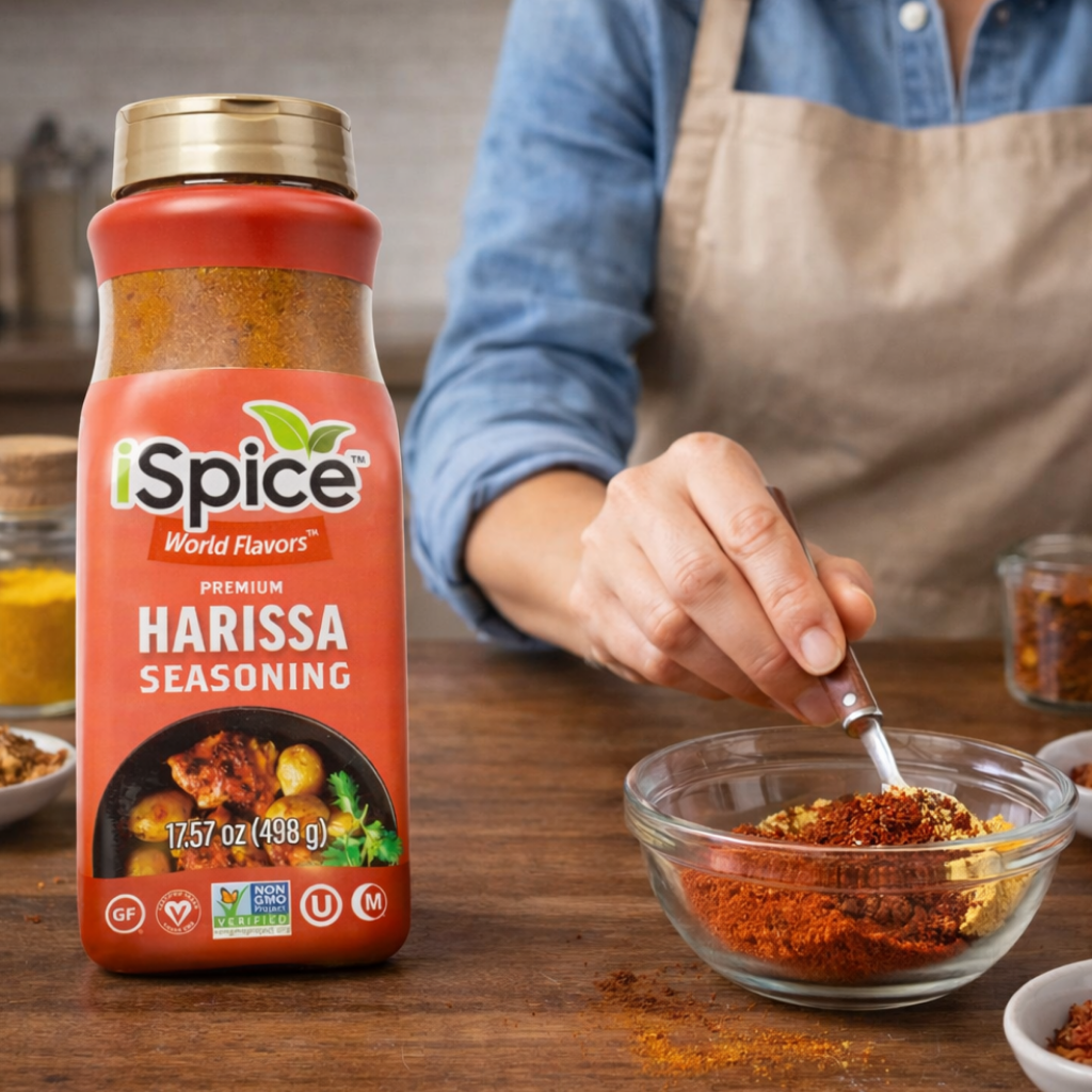 flat lay of iSpice harissa seasoning with spoon of chili flakes and seasoning bowls