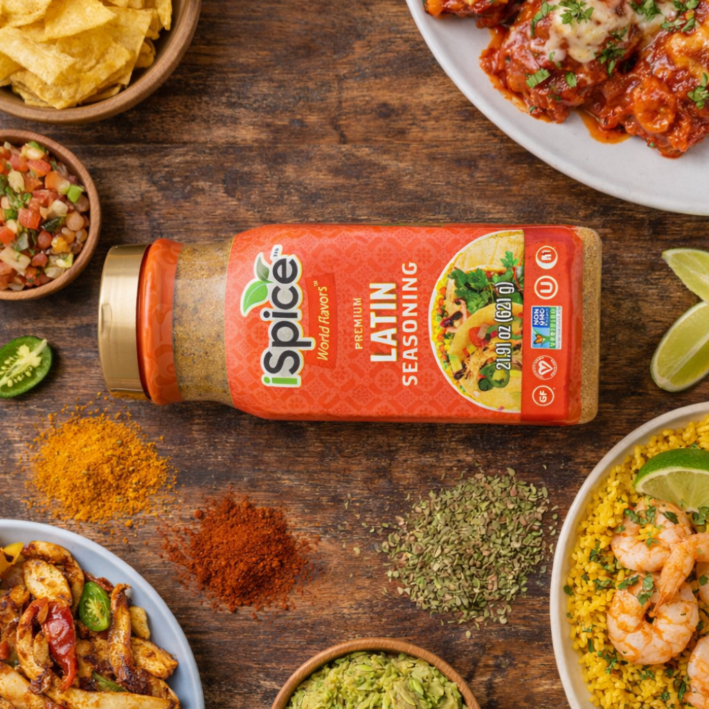 iSpice Latin seasoning bottle on a wooden table with various dishes and ingredients.