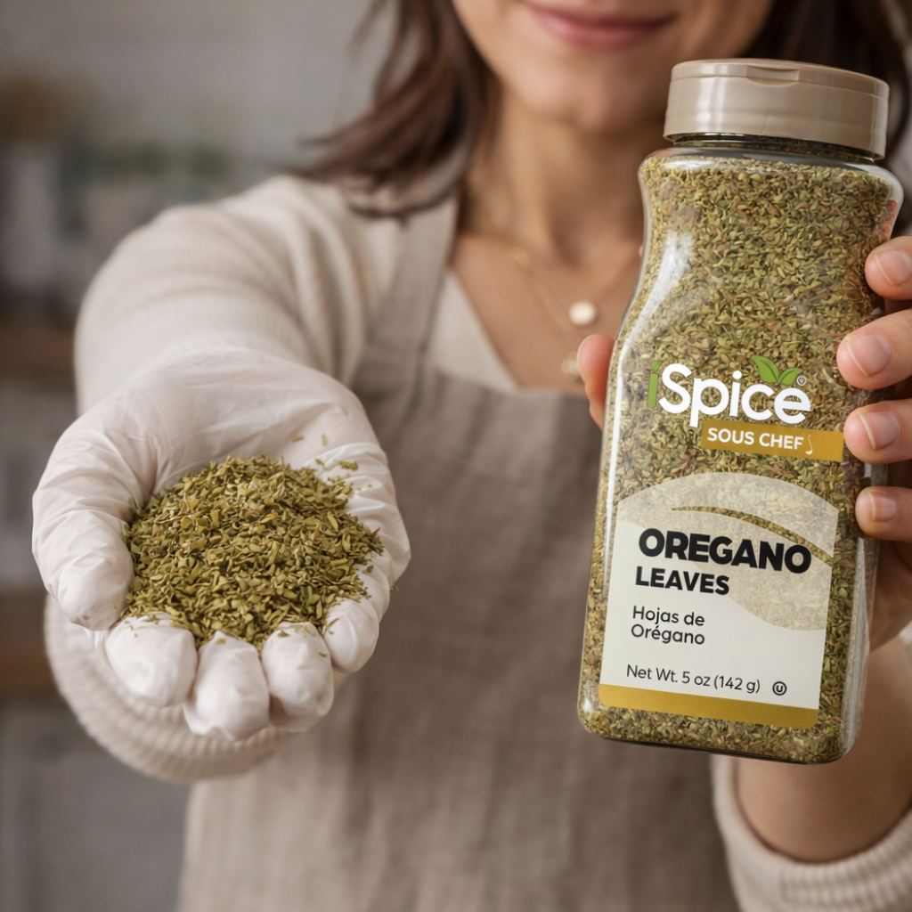 Person holding a jar of oregano leaves and a small amount in their hand.