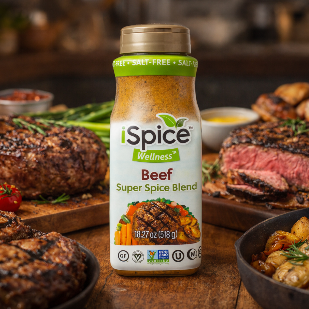 iSpice Wellness Beef Super Spice Blend bottle with grilled meats and vegetables in the background