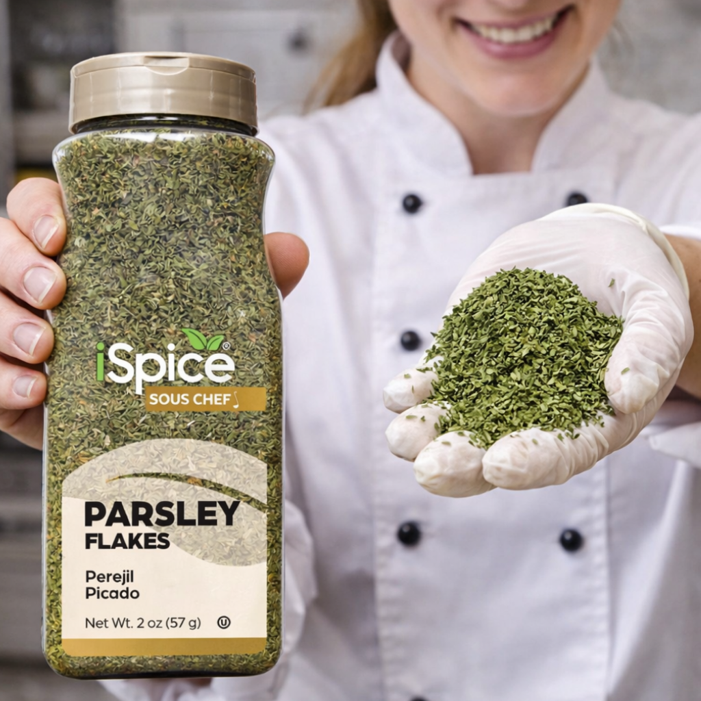 Person holding a jar of Spice Sous Chef parsley flakes with a close-up of the product.