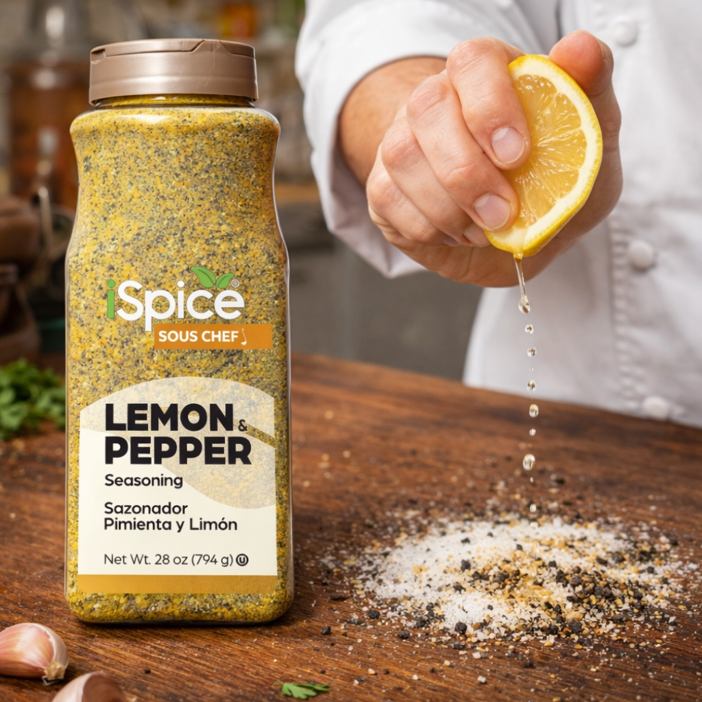 Spice Sous Chef lemon pepper seasoning bottle with a hand squeezing lemon over it on a wooden surface.