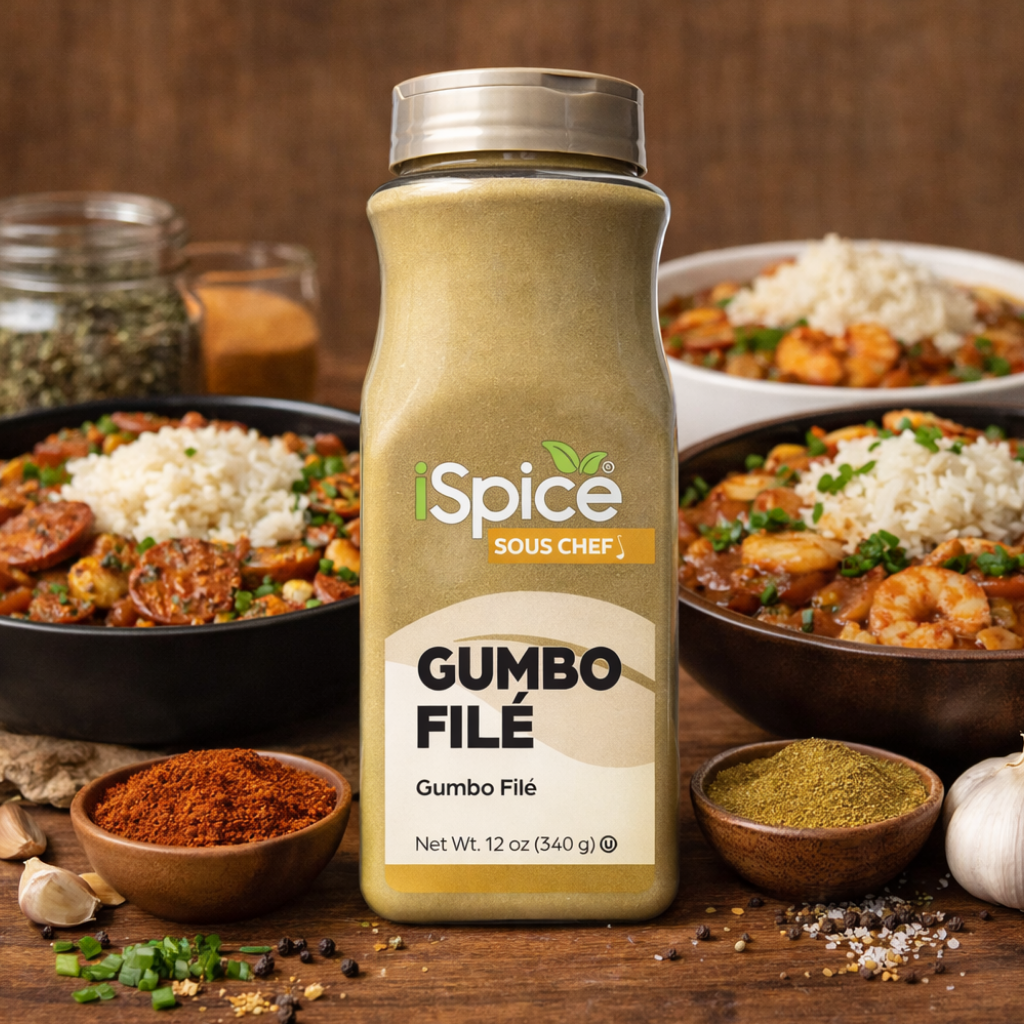 iSpice Sous Chef Gumbo File seasoning bottle with dishes and ingredients in the background