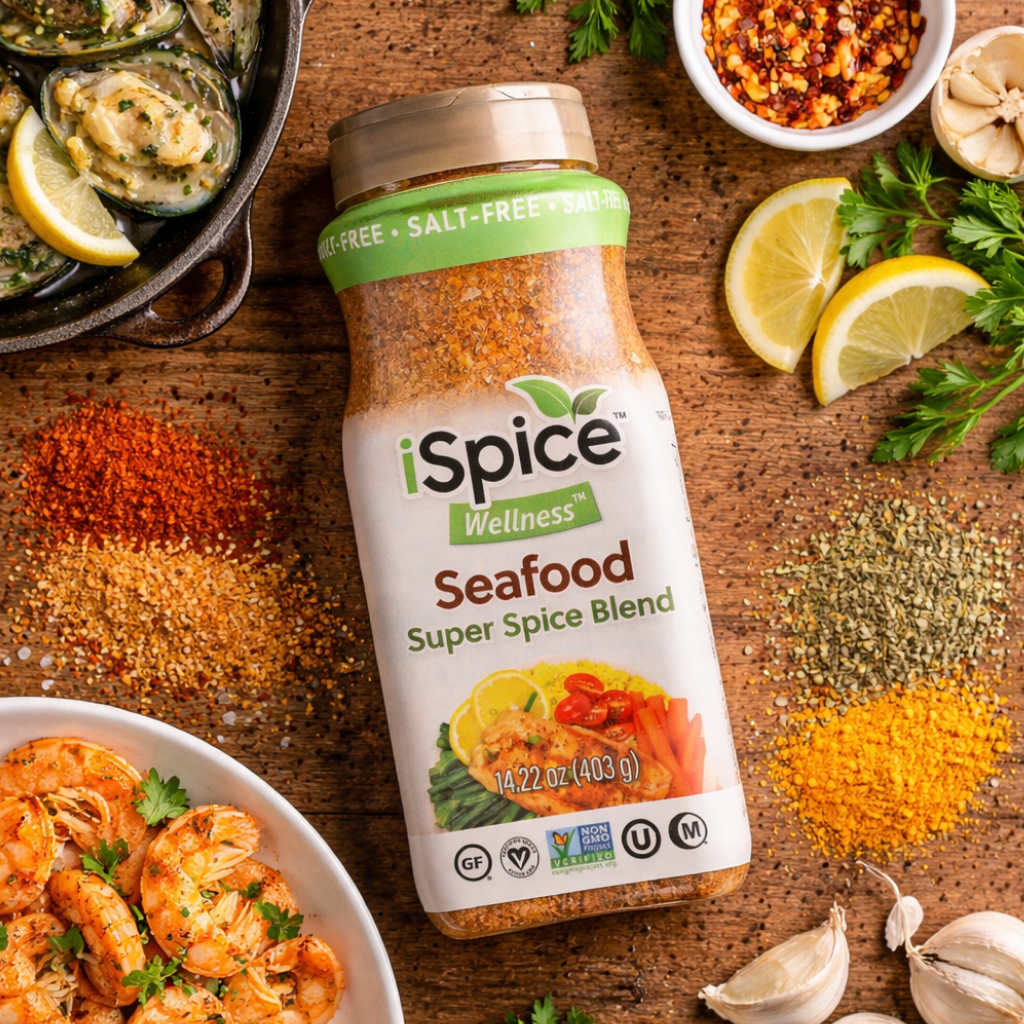 iSpice Wellness Seafood Super Spice Blend bottle on a wooden surface with spices and seafood.