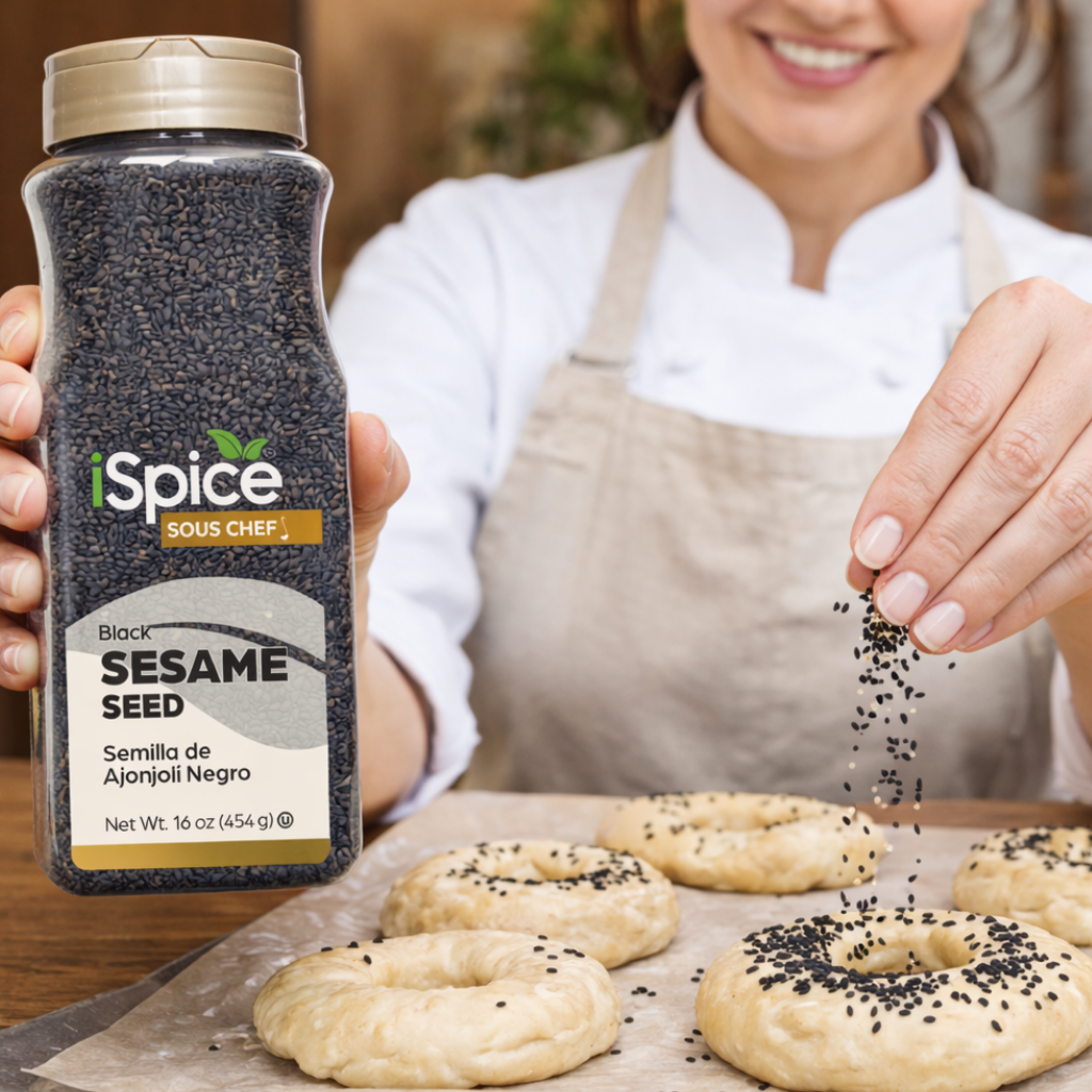 Person sprinkling sesame seeds from a Spice Sous Chef container onto cookies.