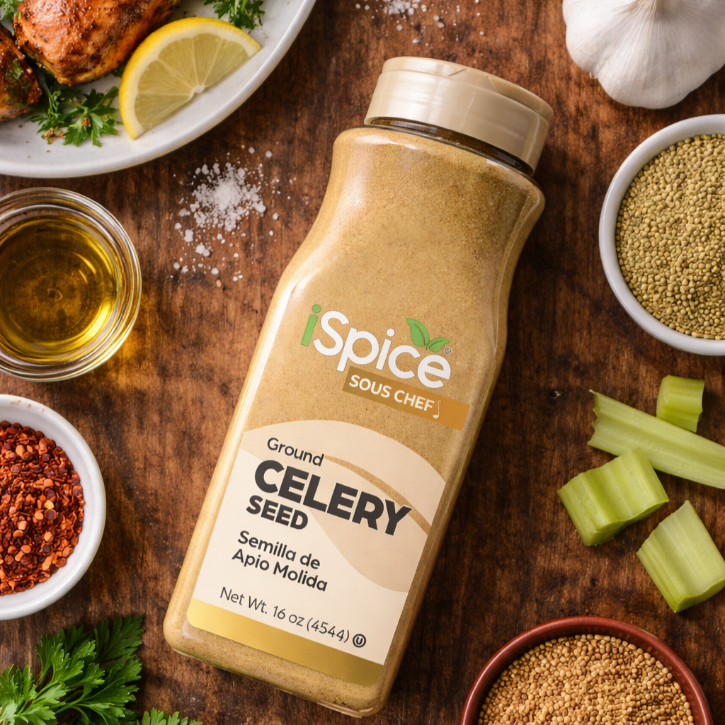 Spice bottle labeled 'Sous Chef' with celery seed on a wooden surface with ingredients.